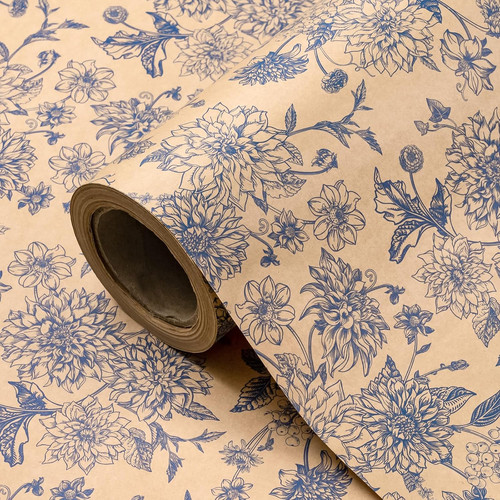 Kraft blue floral wrapping - blue,